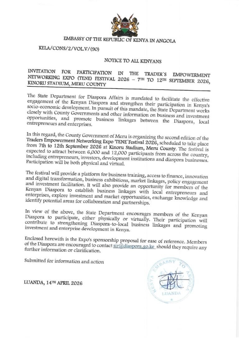 INVITATION FOR PARTICIPATION IN THE TRADER´S EMPOWERMENT NETWORKING EXPO (TENE) FESTIVAL 2026 – 7TH TO 12TH SEPTEMBER 2026, KINORU STADIUM, MERU COUNTY